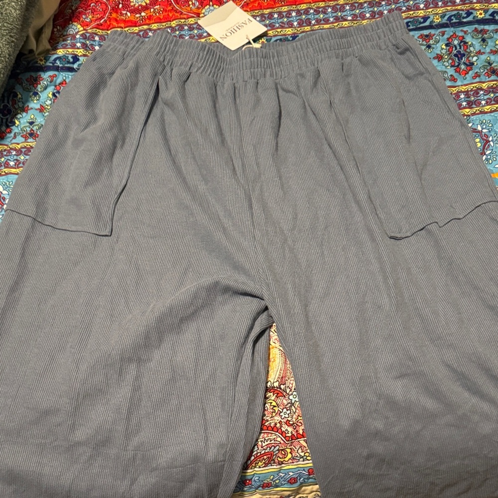 Blue Ribbed Lounge Barrel Pants